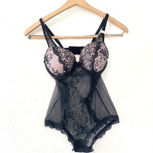 Black and pink lace push up teddy